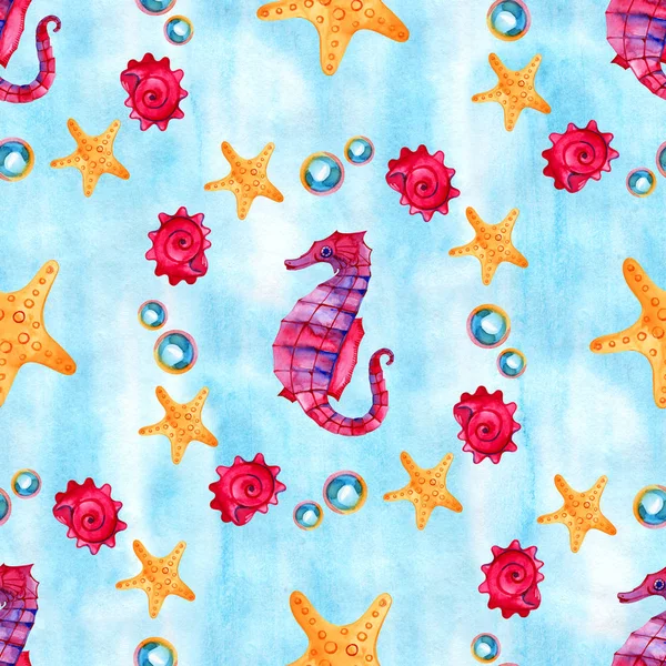 WaterColor Seahorse sömlösa mönster. Undervattensvärlden bild. Akvarell handritad illustration. — Stockfoto