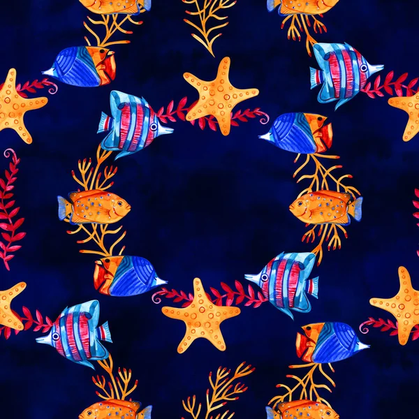 Modèle tropical sans couture. Illustration aquarelle avec des poissons exotiques dessinés à la main sur fond blanc. Ensemble bleu . — Photo