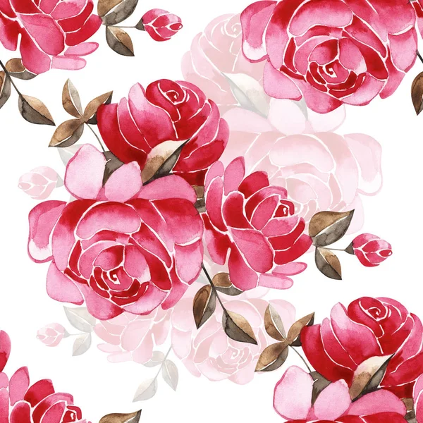 Akvarell kézzel rajzolt szép varrat nélküli mintás csokrok fényes pünkösdi rózsa és lombozat — Stock Fotó