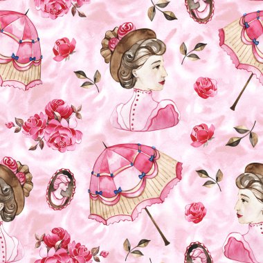 Suluboya dikişsiz desen. Vintage şemsiyeli duvar kağıdı. Elle çizilmiş vintage doku.