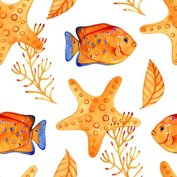 Varratmentes mintázat tengeri csillaghalakkal. Akvarell háttér. Használható szövet, tapéta, banner, csomagolás, web oldal. Elszigetelt elemek a könnyű használatért. — Stock Fotó