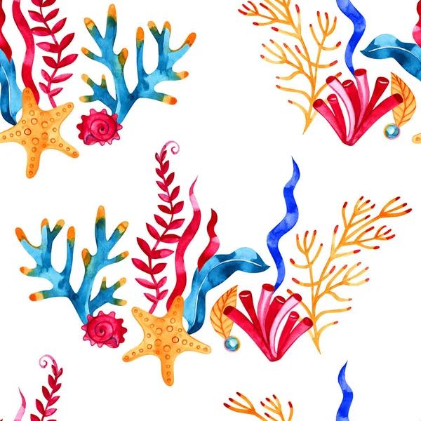 High quality watercolor seamless pattern with underwater life objects. It can be used for wallpaper, background, print, textile design, wrapping paper, cover. — Stock Photo, Image