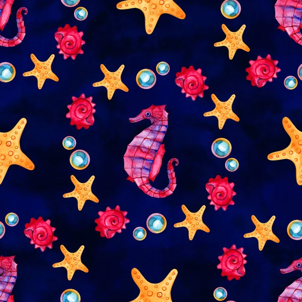 WaterColor Seahorse sömlösa mönster. Undervattensvärlden bild. Akvarell handritad illustration. — Stockfoto