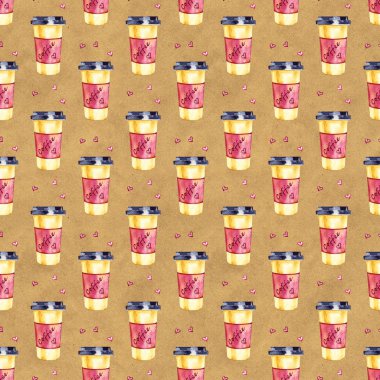 Kahve ve kalpleri tek kullanımlık fincan ile suluboya sorunsuz desen. El boyaması illüstrasyon