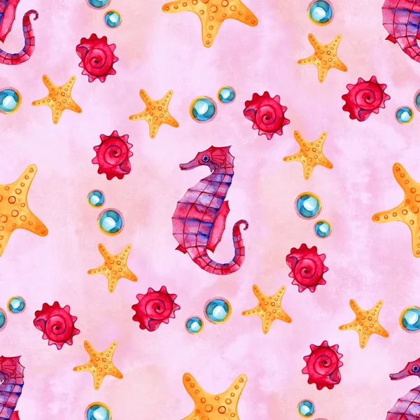 Seamless pattern with underwater life objects. Marine design-shell, sea star. Watercolor hand drawn painting illustration. Element for posters, greeting cards. — Stock Photo, Image
