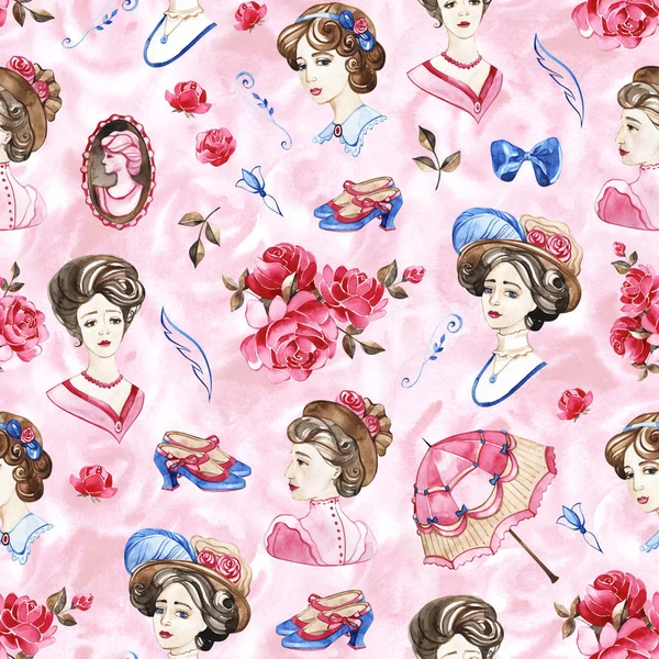 Patrón floral de acuarela con rosa inglesa suavemente rosada y flores de primavera. Patrón sin costura Vintage . —  Fotos de Stock