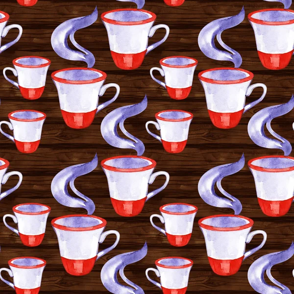 Aquarell nahtlose Muster von Farbtassen mit Kaffee — Stockfoto