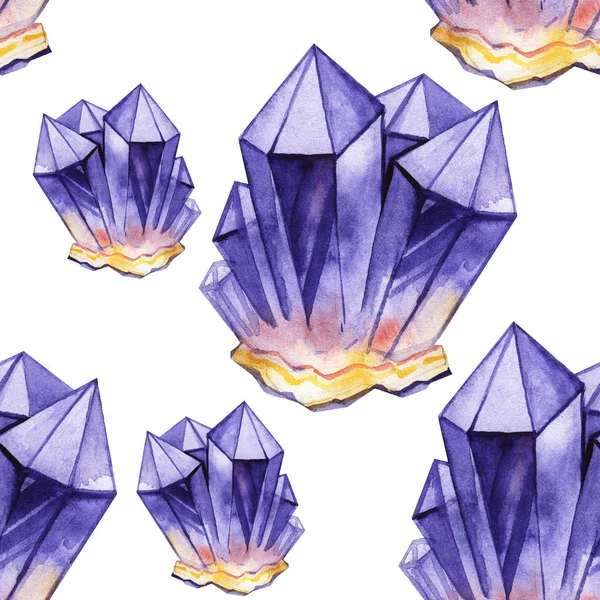 Akvarell kristályok lila színekben. Kézzel rajzolt varratmentes mintázat — Stock Fotó