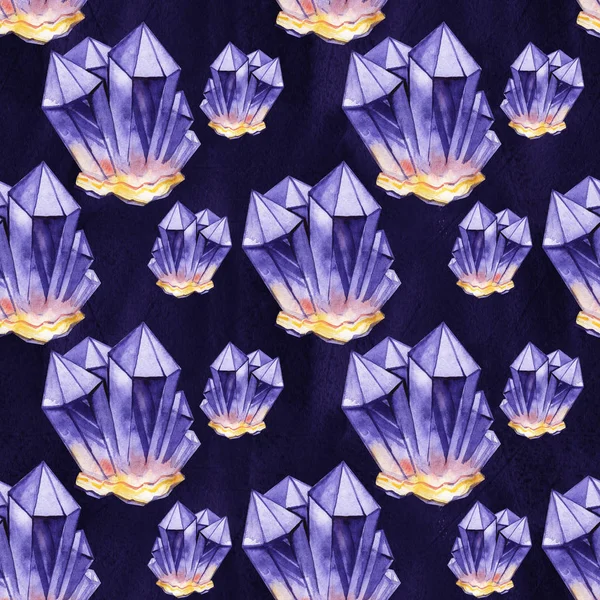 Seamless watercolor pattern. Purple crystals. Hand drawn.