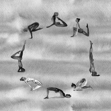 Suluboya doku ile daire çerçeve yoga kadın suluboya silueti.