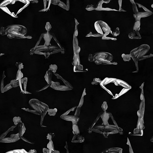 Yoga wirft Fragen auf. Aquarell nahtloses Muster. schwarz-weiß. — Stockfoto