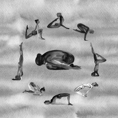 Suluboya doku ile daire çerçeve yoga kadın suluboya silueti.