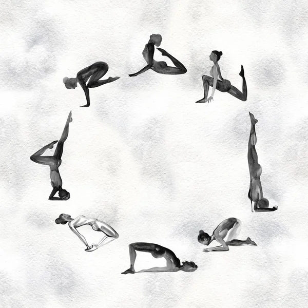 Silhouette aquarelle de yoga femme dans un cadre circulaire avec texture aquarelle . — Photo