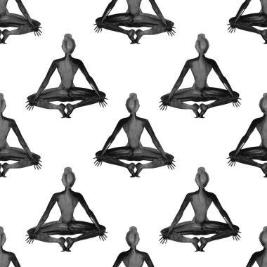Yoga, koleksiyon Poses. Suluboya Dikişsiz desen. Siyah beyaz.