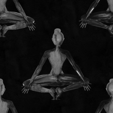 Yoga, koleksiyon Poses. Suluboya Dikişsiz desen. Siyah beyaz.