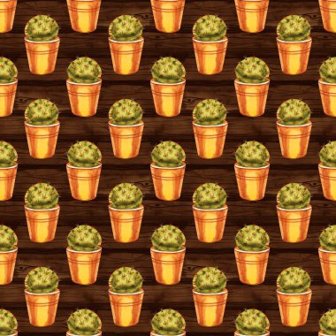 Tencerede kaktüslerin dikişsiz deseni, vintage tarzda illüstrasyon.