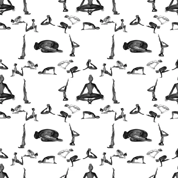 Yoga wirft Fragen auf. Aquarell nahtloses Muster. schwarz-weiß. — Stockfoto