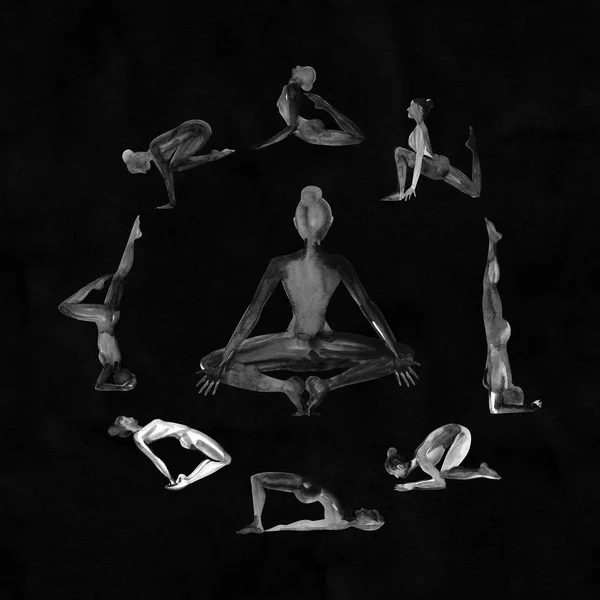 Aquarell-Silhouette einer Yoga-Frau im Kreisrahmen mit Aquarellstruktur. — Stockfoto