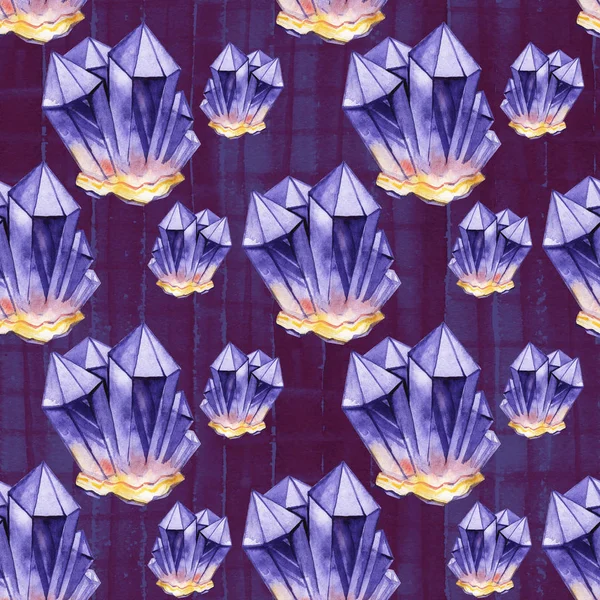 Akvarell kristaller i violett färger. Handritat sömlöst mönster — Stockfoto
