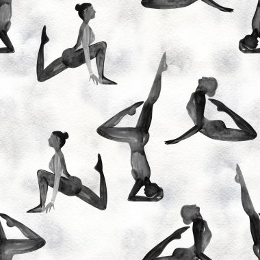 Yoga, koleksiyon Poses. Suluboya Dikişsiz desen. Siyah beyaz.