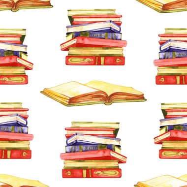 Suluboya kitaplar Dikişsiz desen illüstrasyon. El boyalı beyaz arka plan üzerinde izole kitap yığını.