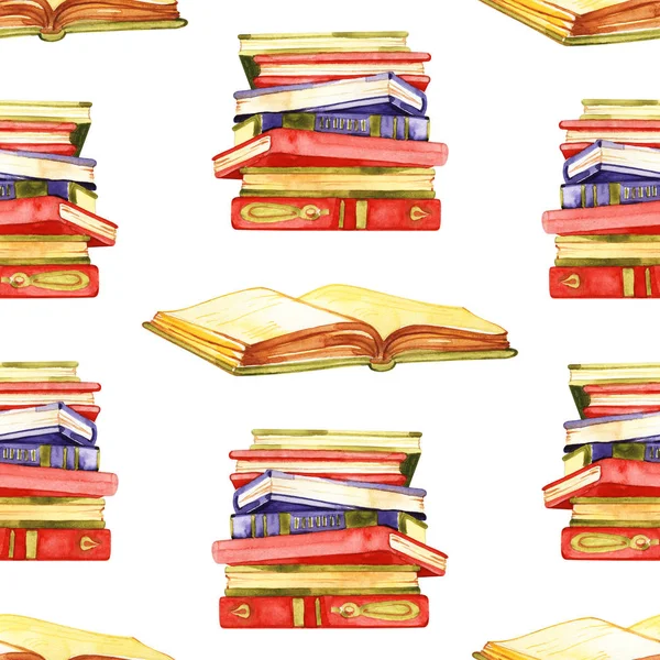 Aquarell Bücher nahtlose Musterillustration. handbemalter Bücherstapel isoliert auf weißem Hintergrund. — Stockfoto