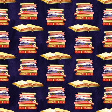 Suluboya kitaplar Dikişsiz desen illüstrasyon. El boyalı beyaz arka plan üzerinde izole kitap yığını.