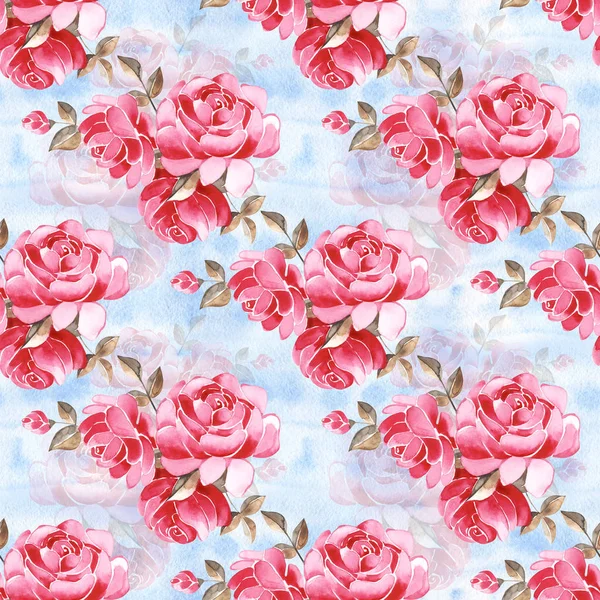 やさしくピンクのイングリッシュローズと春の花を持つ水彩花柄。ヴィンテージシームレスパターン. — ストック写真