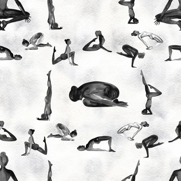 Coleção Poses Yoga. Padrão sem costura aquarela. Preto e branco . — Fotografia de Stock