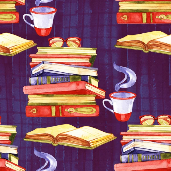 Suluboya kitaplar Dikişsiz desen illüstrasyon. El boyalı beyaz arka plan üzerinde izole kitap yığını.