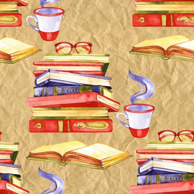 Güzel Bir An: Okuma Kitap ve İçme Kahve Dijital Sanat, Kavram İllüstrasyon, Gerçekçi ve Soyut Fikirler.Dikişsiz desen.