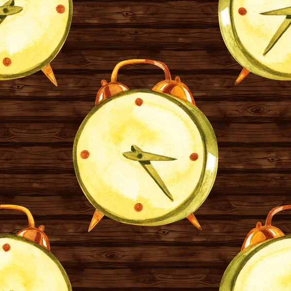 Бесшовный рисунок акварелью с иллюстрацией будильника. Винтажные фэнтези часы — стоковое фото