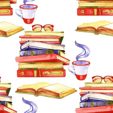 Güzel Bir An: Okuma Kitap ve İçme Kahve Dijital Sanat, Kavram İllüstrasyon, Gerçekçi ve Soyut Fikirler.Dikişsiz desen.