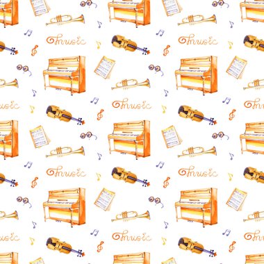 Bir suluboya arka plan dokusu üzerinde el çizilmiş müzik aletleri ile kesintisiz bir desen.