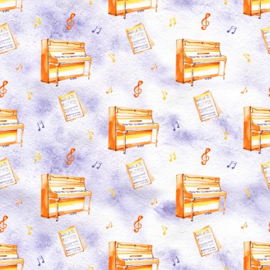Bir suluboya arka plan dokusu üzerinde el çizilmiş müzik aletleri ile kesintisiz bir desen.