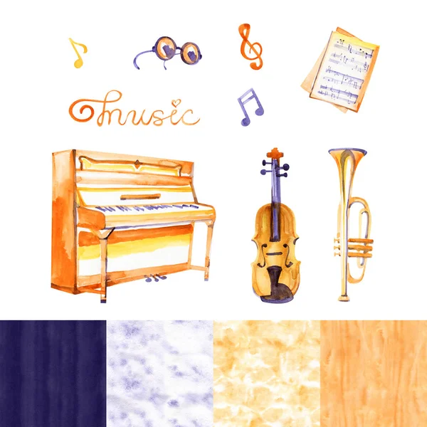 Instrumentos musicais aquarela bonito, incluindo piano, violino, e outros, estilo vintage — Fotografia de Stock