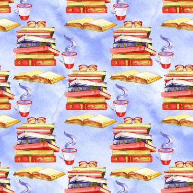 Suluboya kitaplar Dikişsiz desen illüstrasyon. El boyalı beyaz arka plan üzerinde izole kitap yığını.