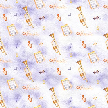 Bir suluboya arka plan dokusu üzerinde el çizilmiş müzik aletleri ile kesintisiz bir desen.