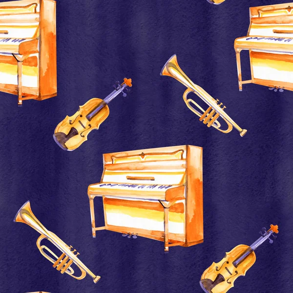 Un patrón sin costuras con instrumentos de música dibujados a mano sobre una textura de fondo de acuarela . —  Fotos de Stock
