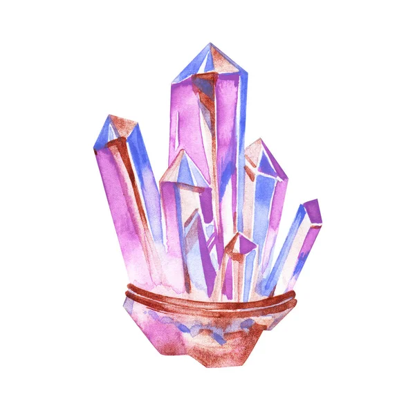 Suluboya mücevher taşı. Kristaller ve kolye el çizilmiş koleksiyonu. Beyaz arka planda izole sanatsal mineral çizimler