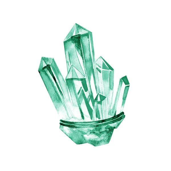 緑のクリスタルクラスター宝石水彩画白地に描く — ストック写真