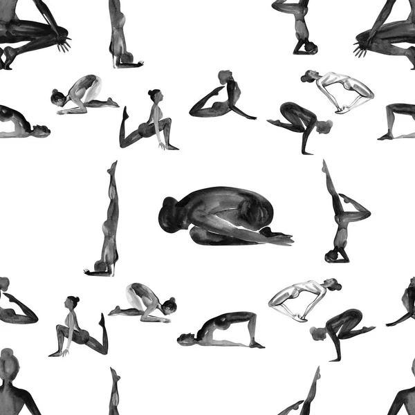 Collezione di pose yoga. Acquerello modello senza soluzione di continuità. Bianco e nero . — Foto Stock