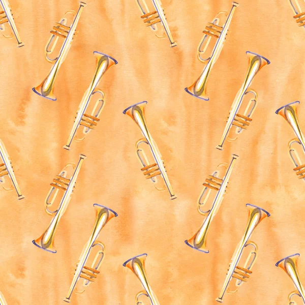 Ett sömlöst mönster med handritade musikinstrument på en akvarell bakgrunds textur. — Stockfoto