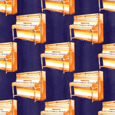 Bir suluboya arka plan dokusu üzerinde el çizilmiş müzik aletleri ile kesintisiz bir desen.