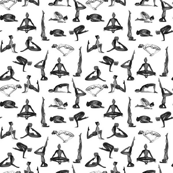요가 포즈 컬렉션입니다. 수채화 매끄러운 패턴입니다. 흑백. — 스톡 사진