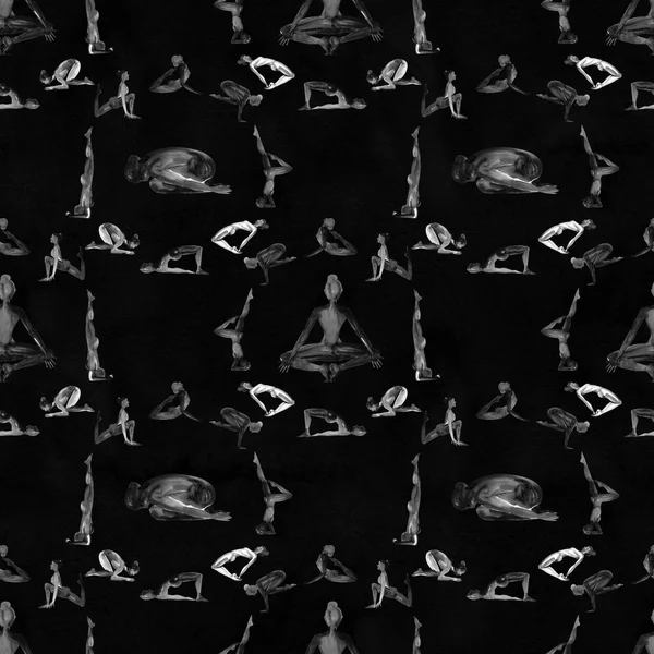 Yoga poses collectie. Aquarel naadloze patroon. Zwart-wit. — Stockfoto