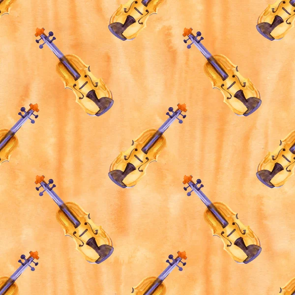 A seamless pattern with hand drawn music instruments on a watercolor background texture. — Stock Photo, Image