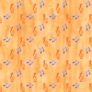 mavi nota ve işaretler ile Dikişsiz desen. Beyaz arka planda el çizilmiş parlak suluboya elemanları.