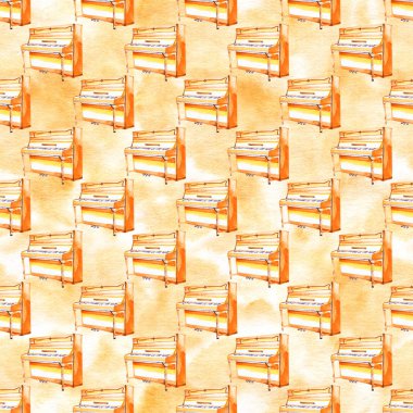 Bir suluboya arka plan dokusu üzerinde el çizilmiş müzik aletleri ile kesintisiz bir desen.