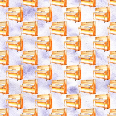 Bir suluboya arka plan dokusu üzerinde el çizilmiş müzik aletleri ile kesintisiz bir desen.